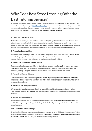 Why Does Best Score Learning Offer the Best Tutoring Service