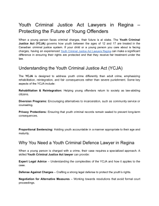 Youth Criminal Justice Act Lawyers in Regina – Protecting the Future of Young Offenders