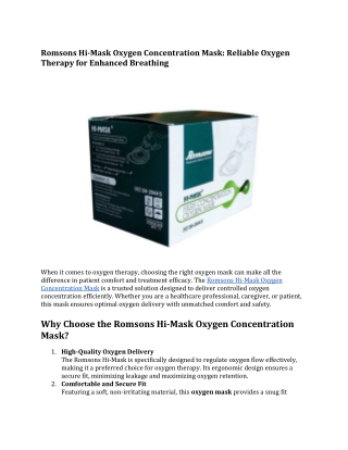 Romsons Hi-Mask Oxygen Concentration Mask: Reliable Oxygen Therapy for Enhanced