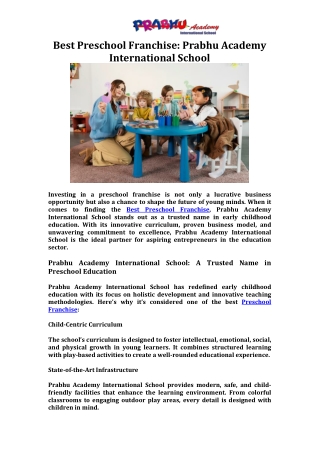 Best Preschool Franchise Prabhu Academy International School