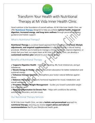 Nutritional Therapy With Mi Vida Inner Health Clinic