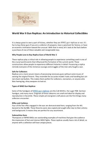 World War II Gun Replicas- An Introduction to Historical Collectibles