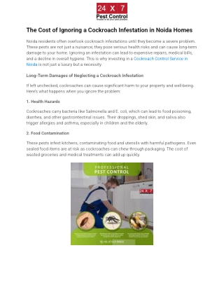 The Cost of Ignoring a Cockroach Infestation in Noida Homes