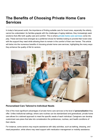The Benefits of Choosing Private Home Care Services