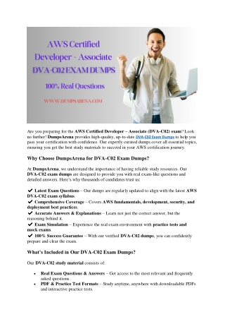 Get DumpsArena DVA-C02 PDF Dumps – 100% Money-Back Pass Guarantee