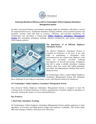 Enhancing Workforce Efficiency with Sri Technologies’ Online Employee Attendance Management System