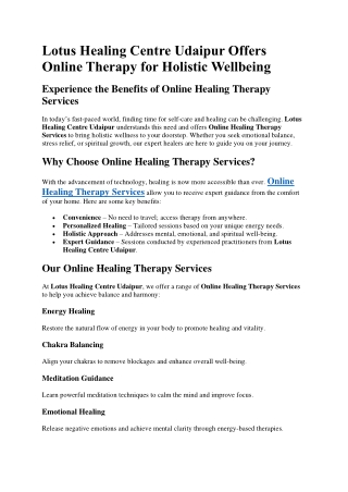 Lotus Healing Centre Udaipur Offers Online Therapy for Holistic Wellbeing