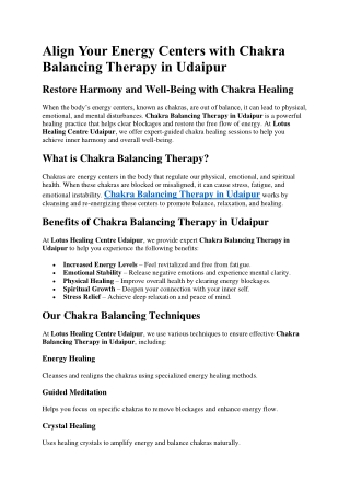 Align Your Energy Centers with Chakra Balancing Therapy in Udaipur