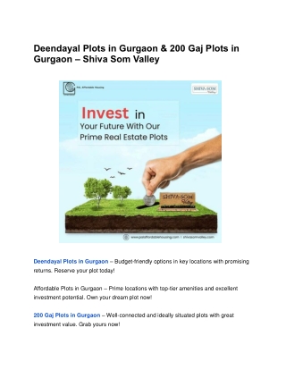 Deendayal Plots in Gurgaon & 200 Gaj Plots in Gurgaon – Shiva Som Valley