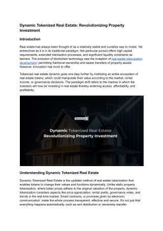 Dynamic Tokenized Real Estate Revolutionizing Property Investment