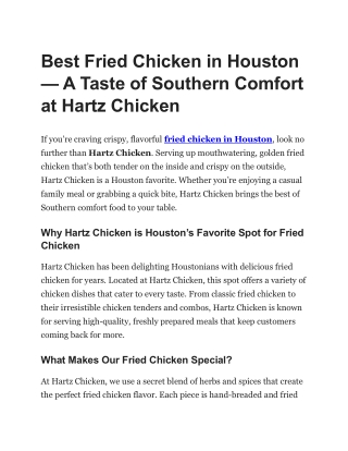 Best Fried Chicken in Houston — A Taste of Southern Comfort at Hartz Chicken