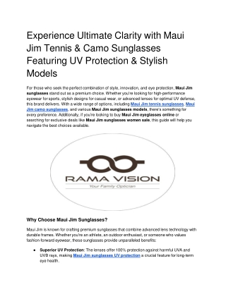 Experience Ultimate Clarity with Maui Jim Tennis & Camo Sunglasses Featuring UV Protection & Stylish Models