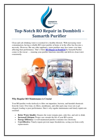 Get Reliable RO Repair in Dombivli in Mumbai with Samarth Purifier