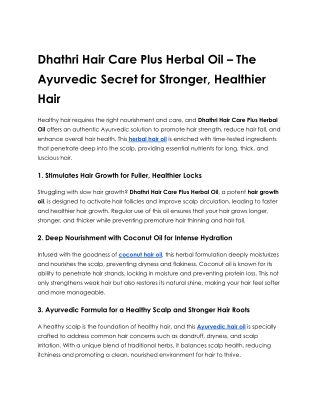 Dhathri Hair Care Plus Herbal Oil – The Ayurvedic Secret for Stronger, Healthier Hair