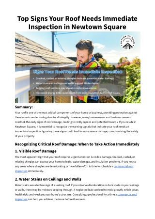 Top Signs Your Roof Needs Immediate Inspection in Newtown Square