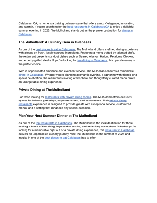 The Mulholland - Dinner in Calabasas - The Best Spots for a Memorable Summer Evening