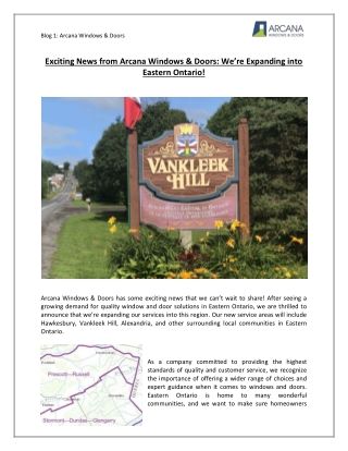 Arcana Windows & Doors Now Serving Eastern Ontario| Arcana Windows & Doors