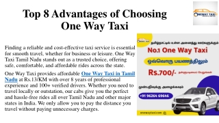 Top 8 Advantages of Choosing One Way Taxi