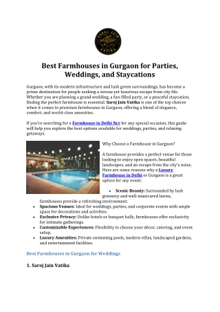 Best Farmhouses in Gurgaon for Parties, Weddings, and Staycations