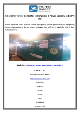 Emergency Power Generator In Bangalore  Power Sparrow India Pvt Ltd