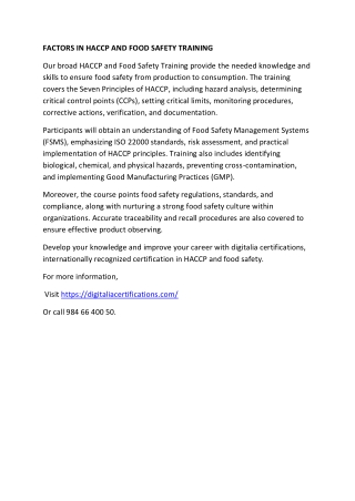 FACTORS IN HACCP AND FOOD SAFETY TRAINING