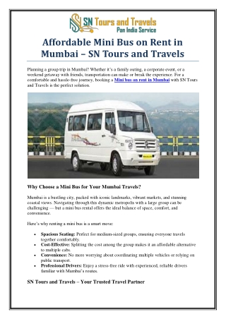 Comfortable Mini Bus on Rent in Mumbai – Book with SN Tours and Travels