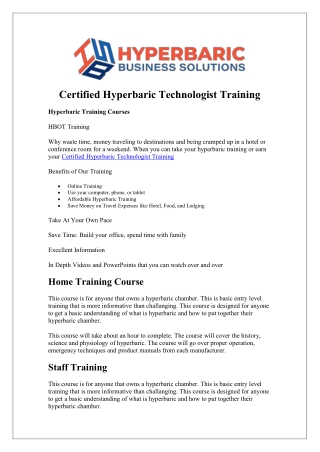Certified Hyperbaric Technologist Training