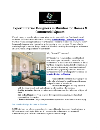 Expert Interior Designers in Mumbai for Homes And Commercial Spaces