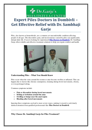 Top Piles Doctors in Dombivli – Expert Care by Dr. Sambhaji Garje