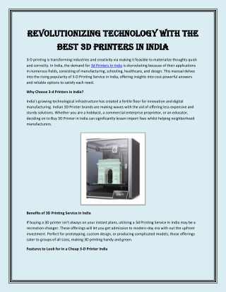 Revolutionizing Technology with the Best 3D Printers in India