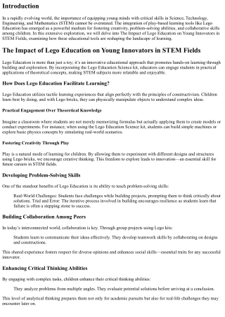 The Impact of Lego Education on Young Innovators in STEM Fields