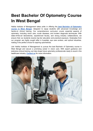Best Bachelor Of Optometry Course In West Bengal