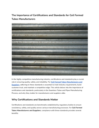 The Importance of Certifications and Standards for Coil Formed Tubes Manufacturers