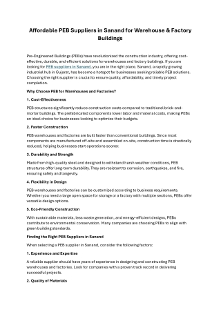 Affordable PEB Suppliers in Sanand for Warehouse & Factory Buildings