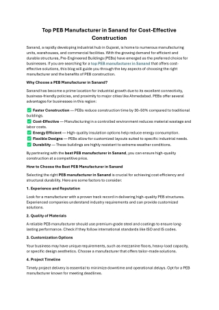 Top PEB Manufacturer in Sanand for Cost-Effective Construction