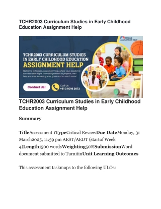 TCHR2003 Curriculum Studies in Early Childhood Education Assignment Help