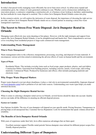 The Secret to Stress-Free Waste Disposal: Javis Dumpster Rental in Orlando