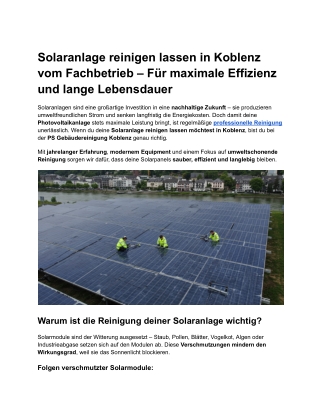 Solaranlage reinigen lassen in Koblenz vom Fachbetrieb – Für maximale Effizienz und lange Lebensdauer