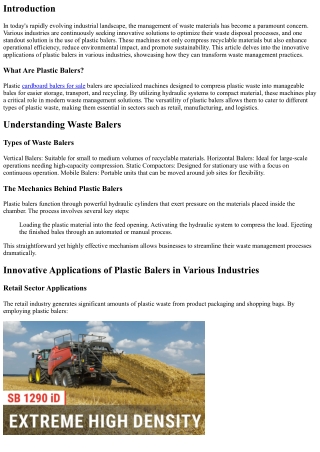 “Innovative Applications of Plastic Balers in Various Industries”