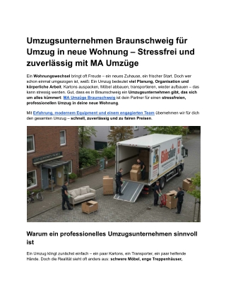 Umzugsunternehmen Braunschweig für Umzug in neue Wohnung – Stressfrei und zuverlässig mit MA Umzüge