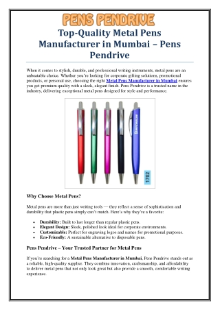 Top Metal Pens Manufacturer in Mumbai – Premium Quality & Custom Designs
