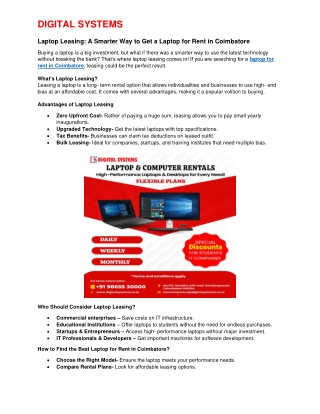 Laptop Leasing: A Smarter Way to Get a Laptop for Rent in Coimbatore