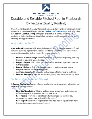 Pitched Roof in Pittsburgh At Tectum Quality Roofing