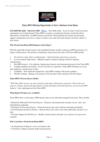 Times BPO Offering Opportunity to Start a Business from Home