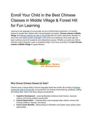 Enroll Your Child in the Best Chinese Classes in Middle Village & Forest Hill for Fun Learning