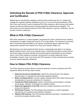 Unlocking the Secrets of FDA 510(k) Clearance, Approval and Certification