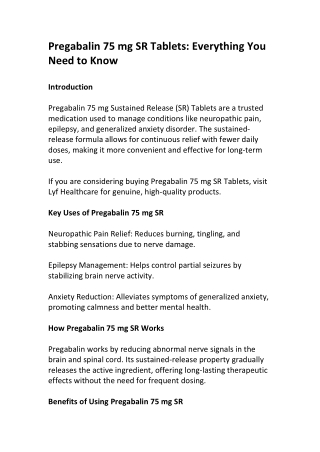 Order Pregabalin 75 mg SR Tablets for Epilepsy and Anxiety