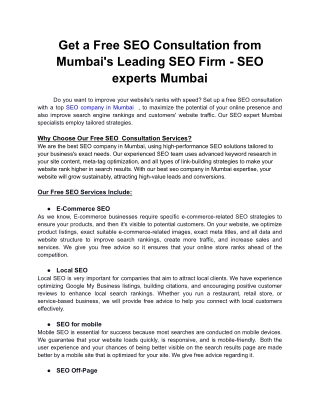 Get a Free SEO Consultation from Mumbai's Leading SEO Firm - SEO experts Mumbai