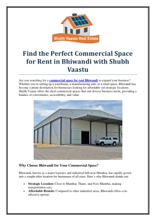 Shubhvaastu – Your Partner for Commercial Space for Rent in Bhiwandi
