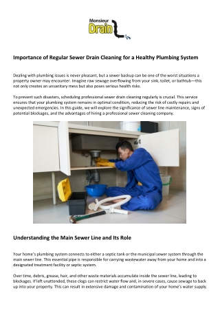 Importance of Regular Sewer Drain Cleaning for a Healthy Plumbing System